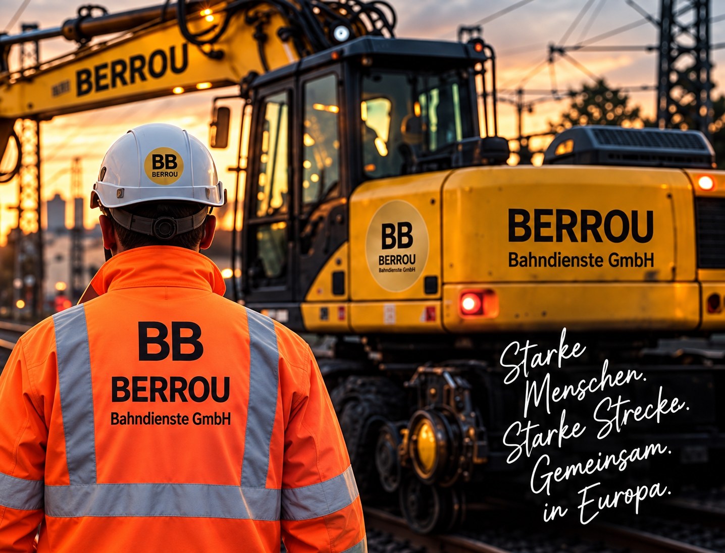 Mitarbeiter der Berrou Bahndienste GmbH vor einem Zweiwegebagger